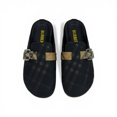 Burberry Black Check Slip-On Clogs with Buckle – Luxury Minimal Slides 🖤✨ - MASTERPIECE