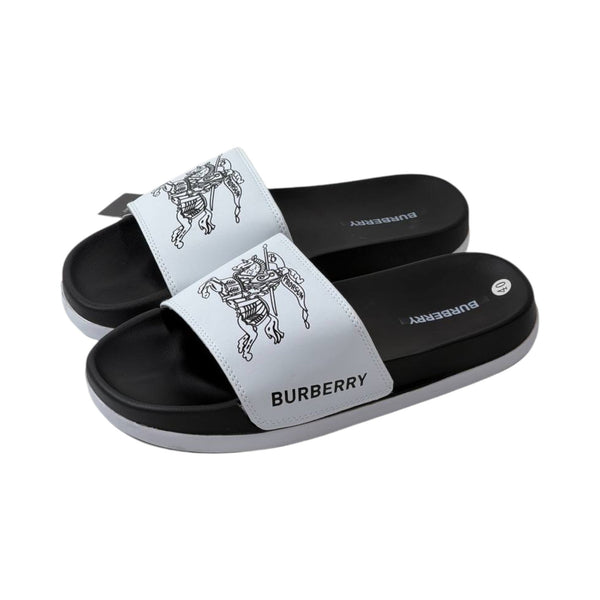 🩴 Burberry Equestrian Knight Slides – White & Black Luxury Edition 🤍🖤✨