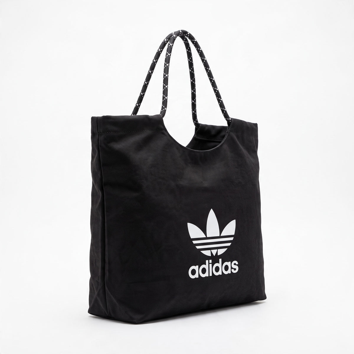 black adidas tote bag with white trefoil logo and rope shoulder straps