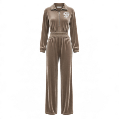 taupe velour jumpsuit with half zip collar, elastic waist, wide legs and embellished crest on chest and back