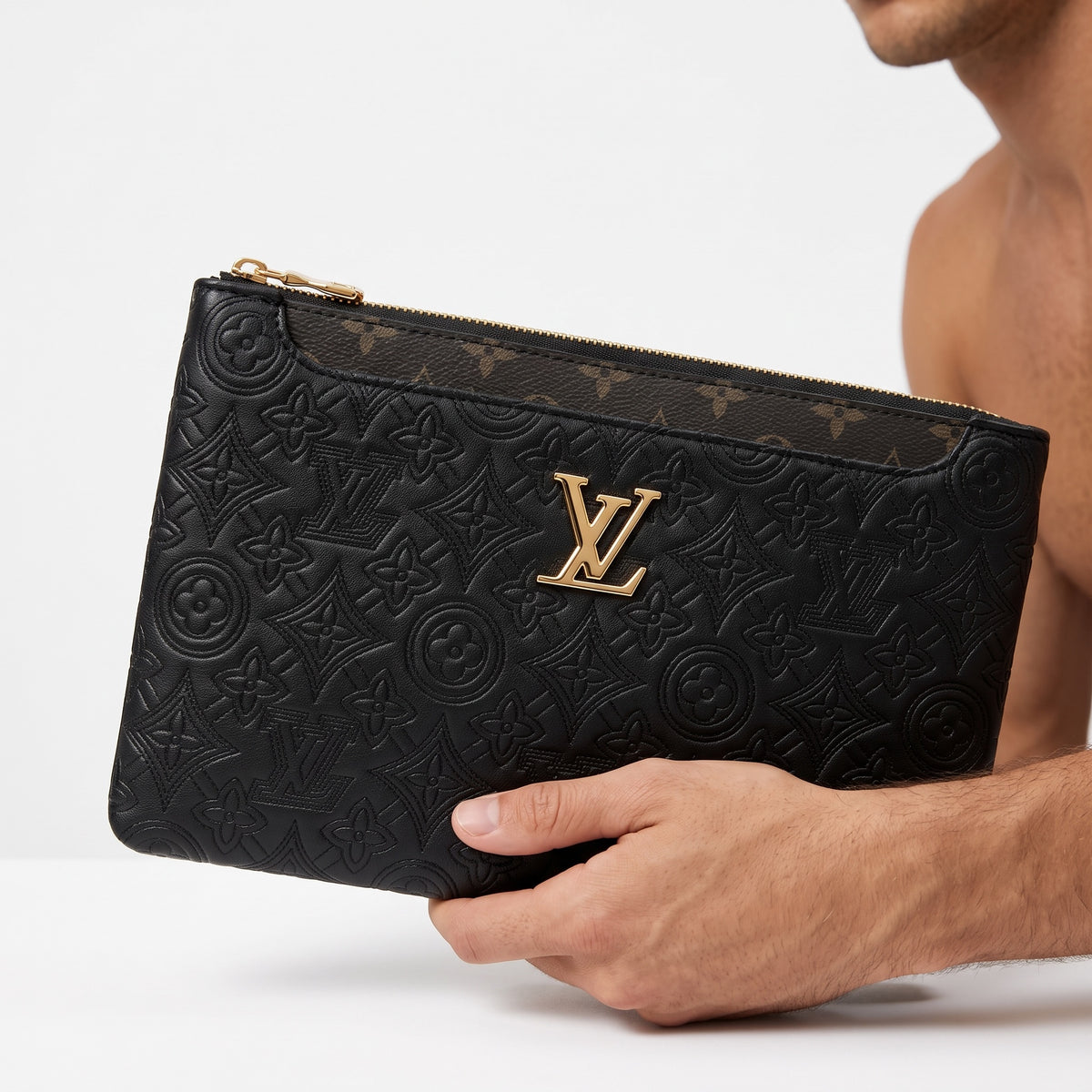 Black Louis Vuitton embossed monogram zip pouch with gold LV logo