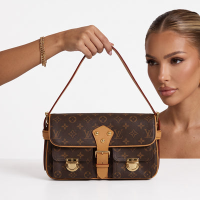 Louis Vuitton monogram shoulder bag with tan trim and gold hardware