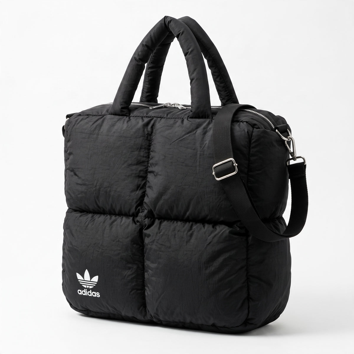 Black Adidas padded duffel bag with white Trefoil logo and detachable shoulder strap