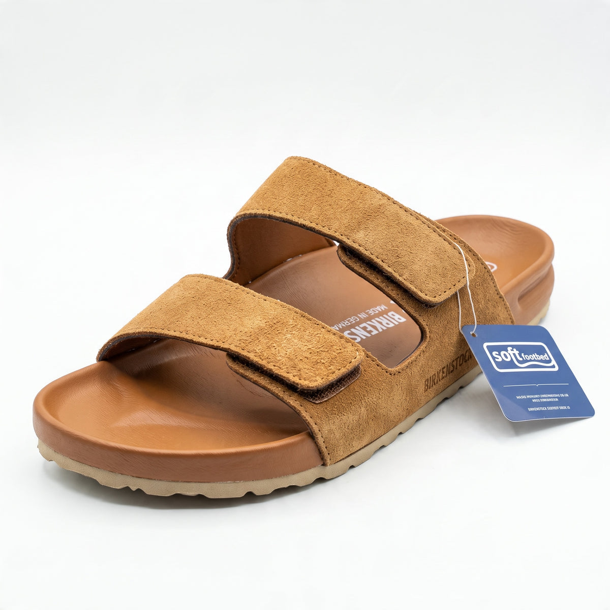 Birkenstock two-strap cognac suede sandals with soft footbed