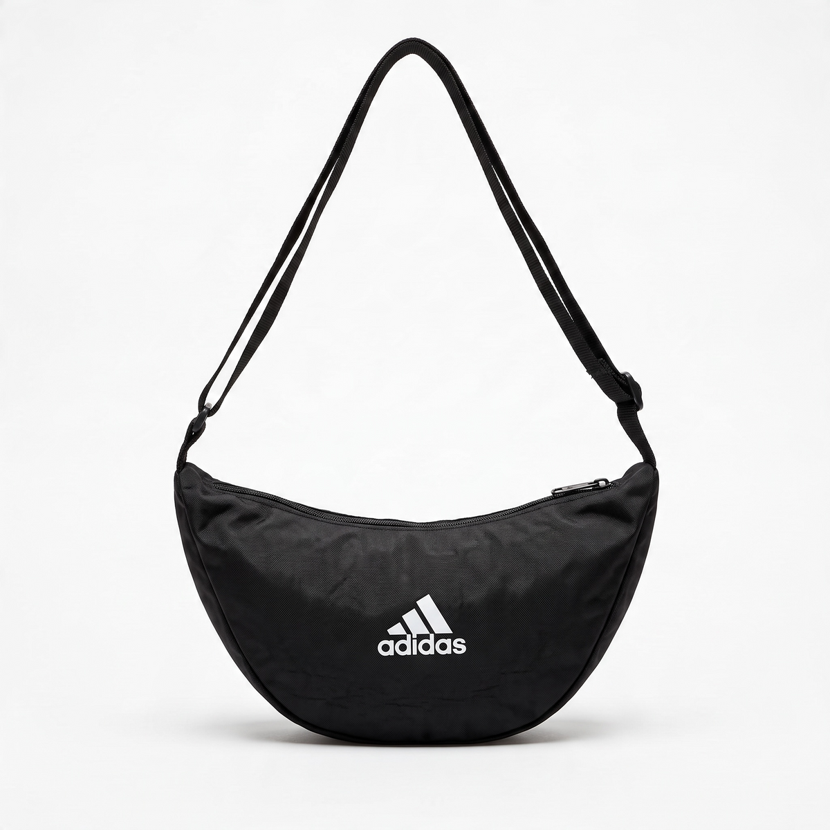 Black Adidas crescent sling shoulder bag with white logo and adjustable strap