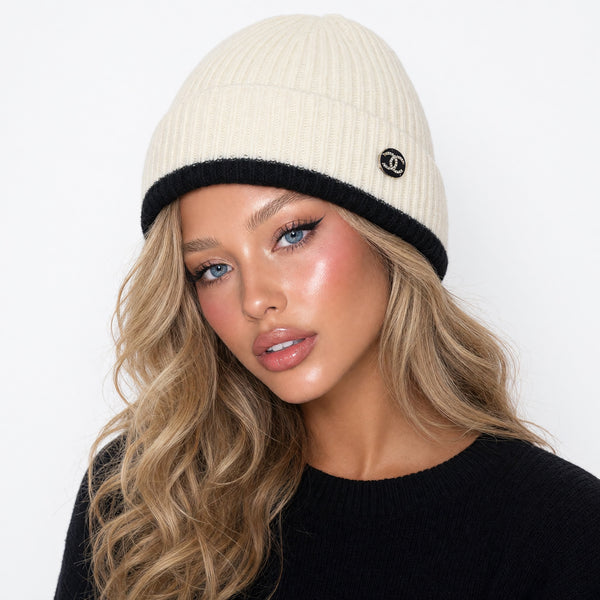 Chanel Ribbed Beanie — Cream & Black