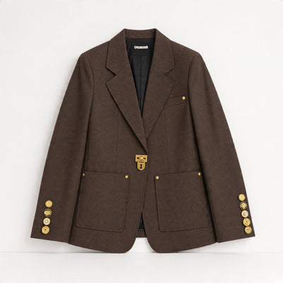 Chocolate brown tailored blazer with gold lock clasp and gold buttons on sleeves