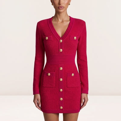 Balmain fuchsia pink long-sleeve knit cardigan mini dress with gold buttons.
