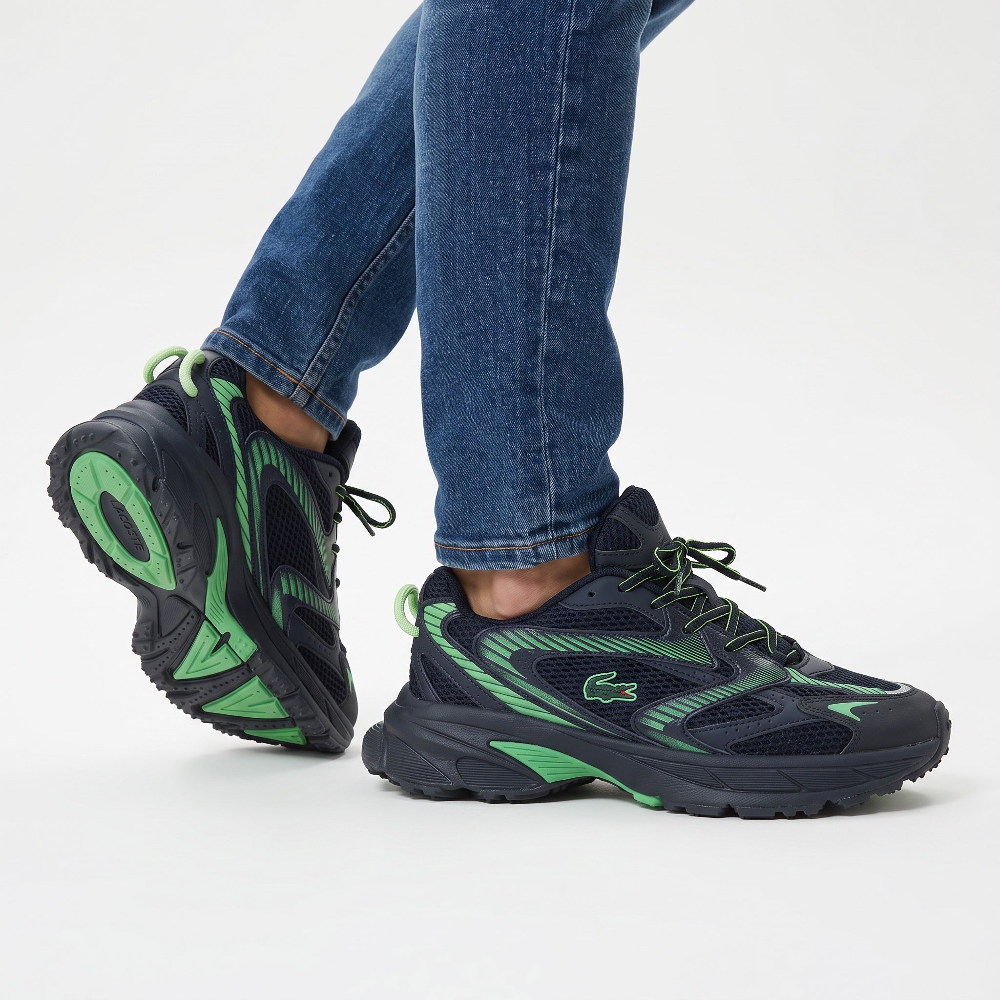 Lacoste black and green chunky low-top sneakers with mesh panels and sculpted sole