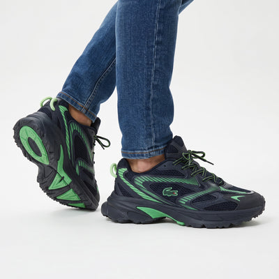 Lacoste black and green chunky low-top sneakers with mesh panels and sculpted sole