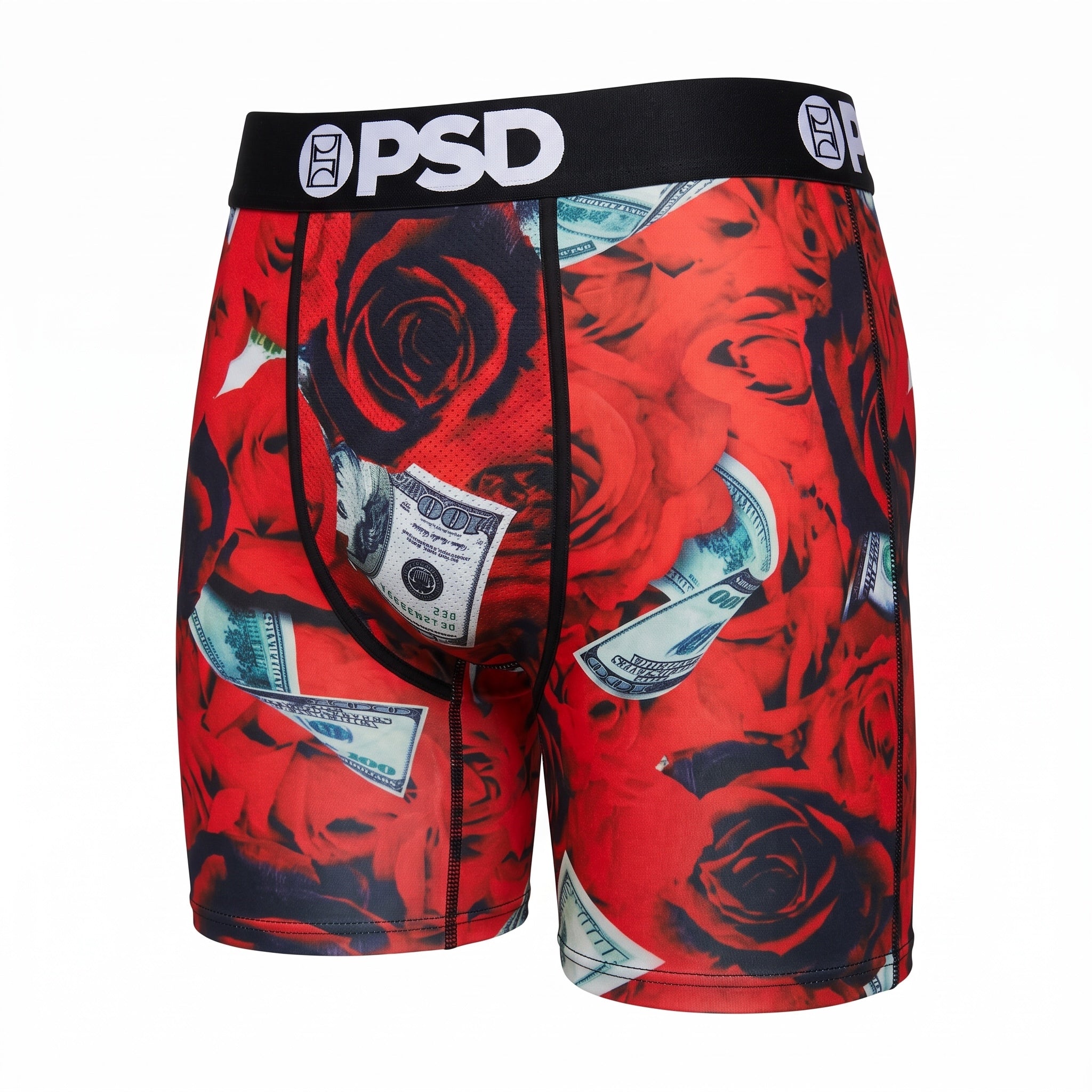 PSD boxer briefs with red rose and US dollar print and black PSD waistband