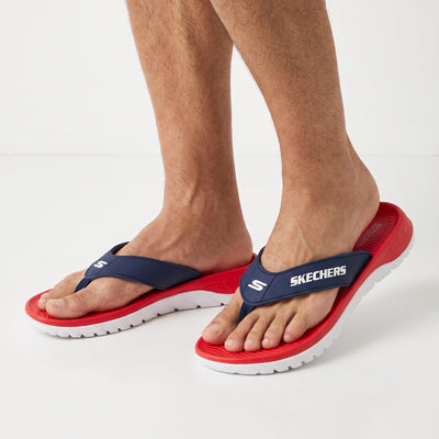 Skechers navy and red men's thong slides with white sole