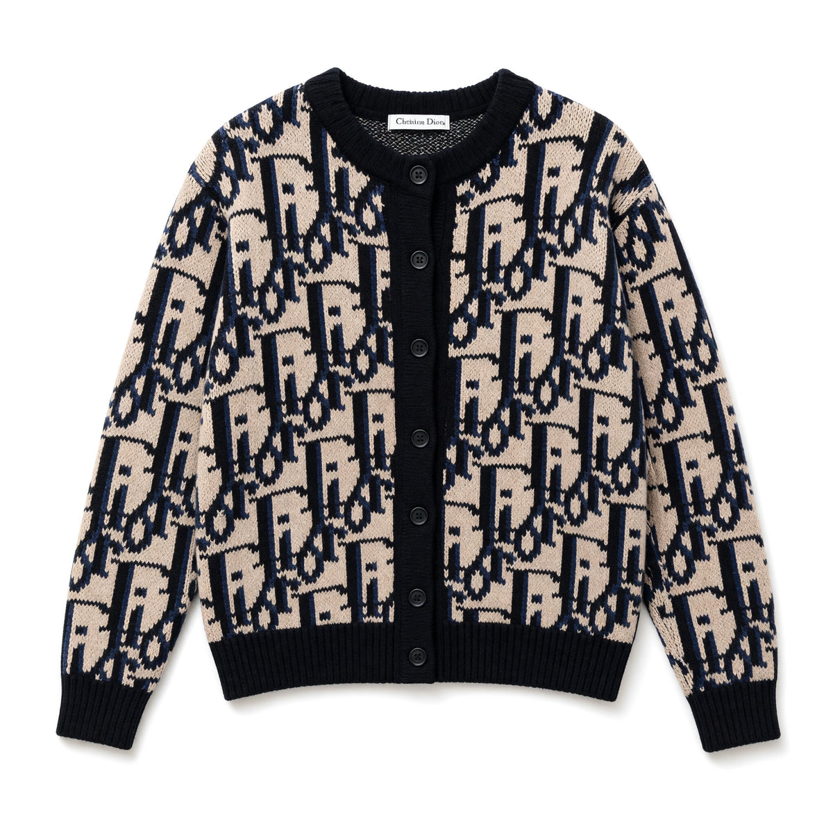 Christian Dior beige and navy monogram button cardigan with ribbed trims