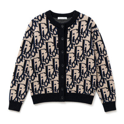 Christian Dior beige and navy monogram button cardigan with ribbed trims