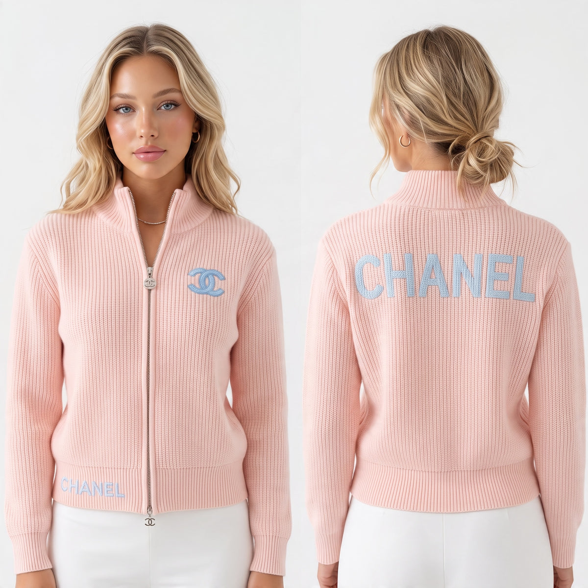 pink Chanel zip knit jacket with CC logo on chest and CHANEL lettering on back