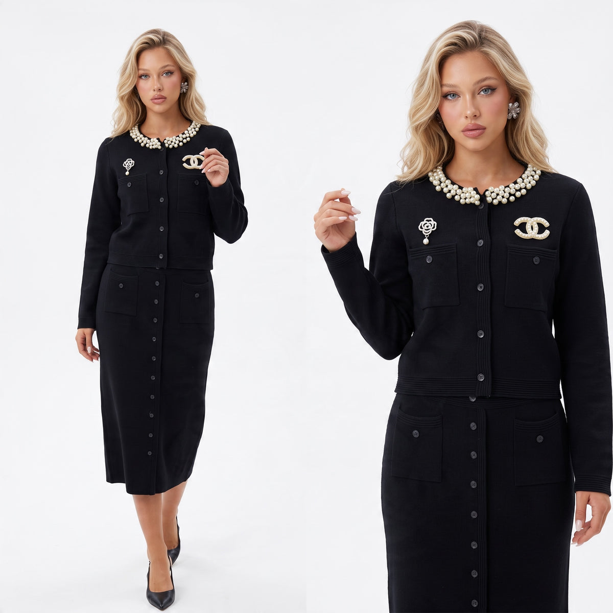 Chanel set skirt and cardigan– Black Pearl Collar