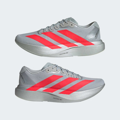 silver adidas adizero running shoe with solar red three stripes