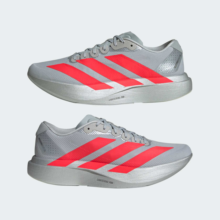 silver adidas adizero running shoe with solar red three stripes