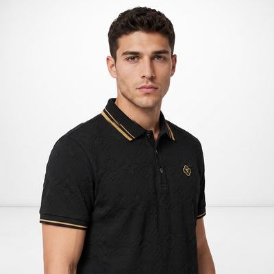 black Louis Vuitton polo shirt with tonal monogram and gold striped collar