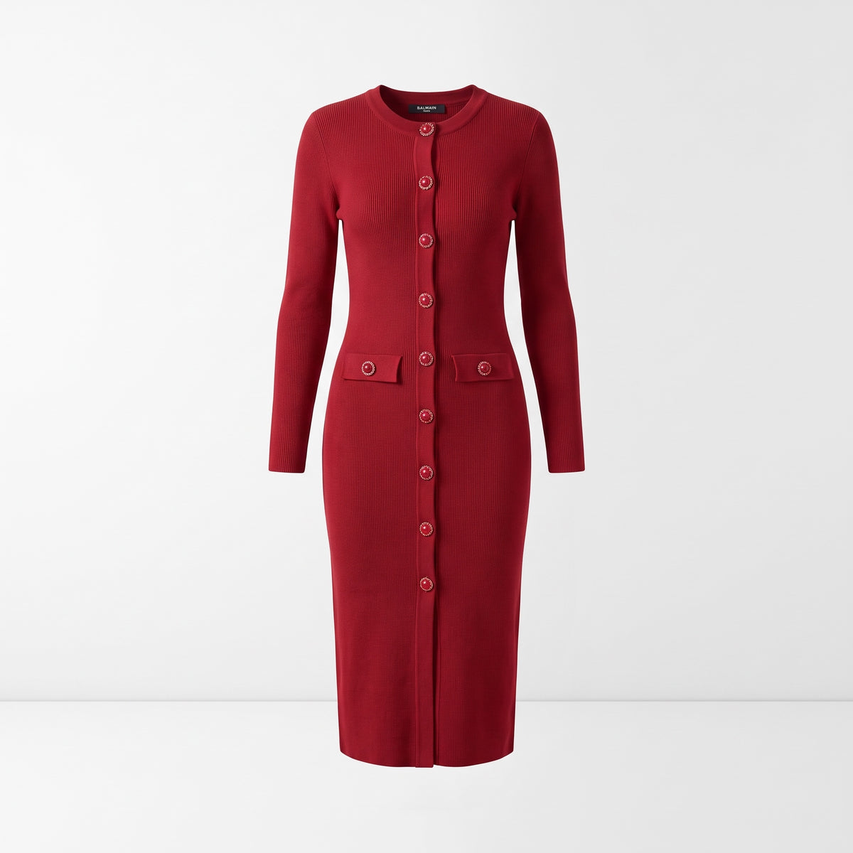 Balmain Signature Button Midi Dress – Red 🌹