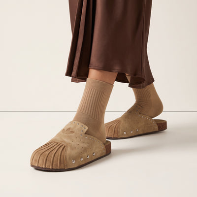 tan adidas slip-on studded suede mule clog with low cork-look heel