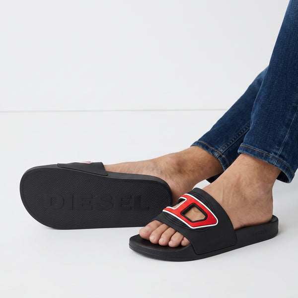 Diesel Men's Slide Sandals – Black Red Logo 🖤🔴