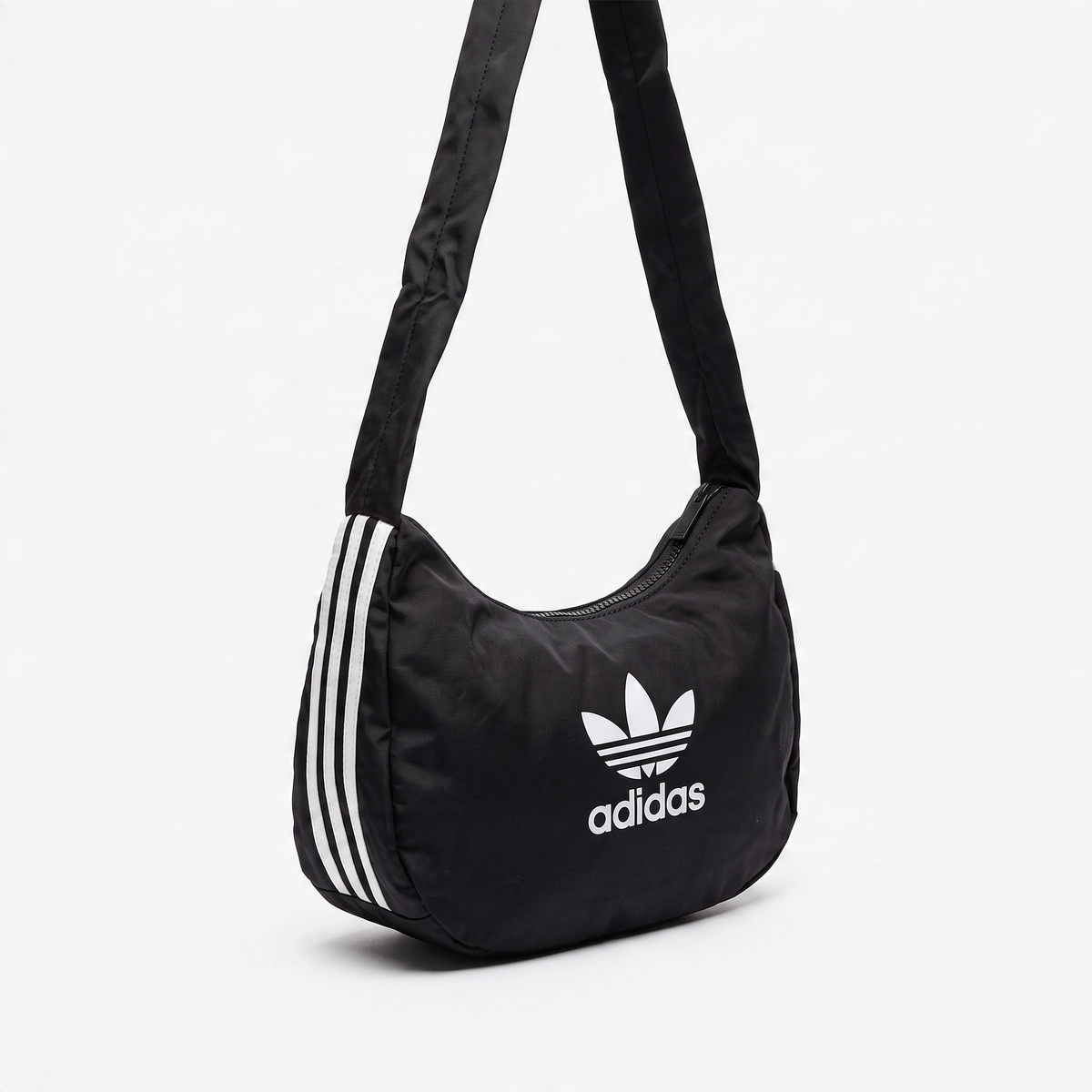 Black Adidas shoulder hobo bag with white trefoil logo and three stripes