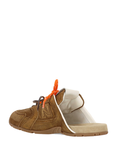 brown suede Miu Miu open-back mule sneaker with orange laces and branded tongue