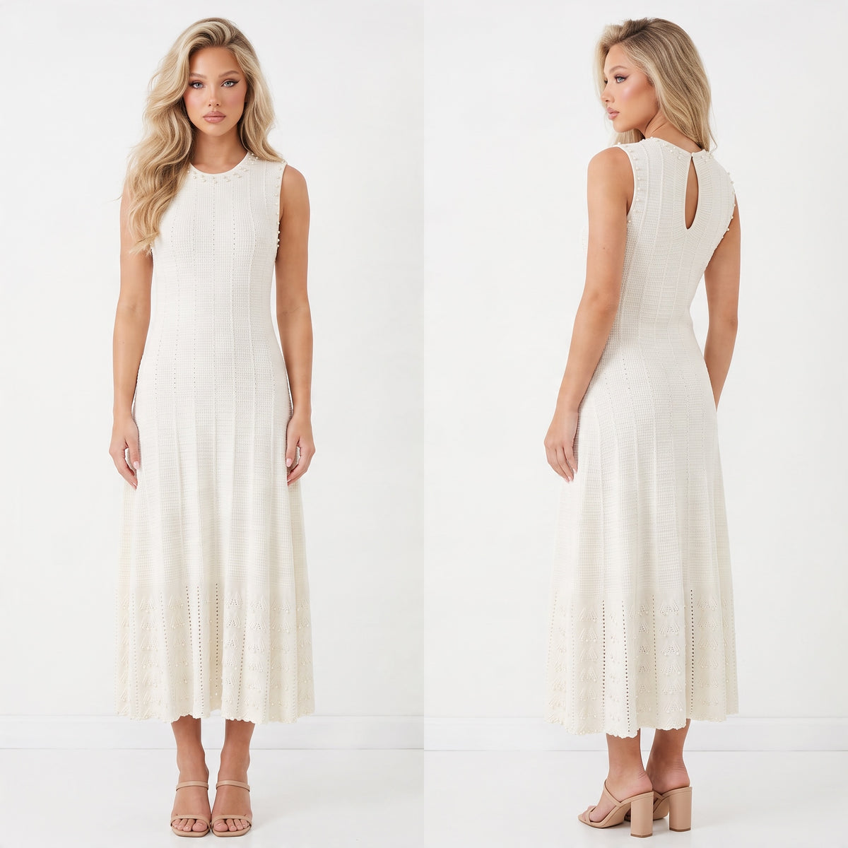Ivory sleeveless knit midi dress with pearl trim and keyhole back