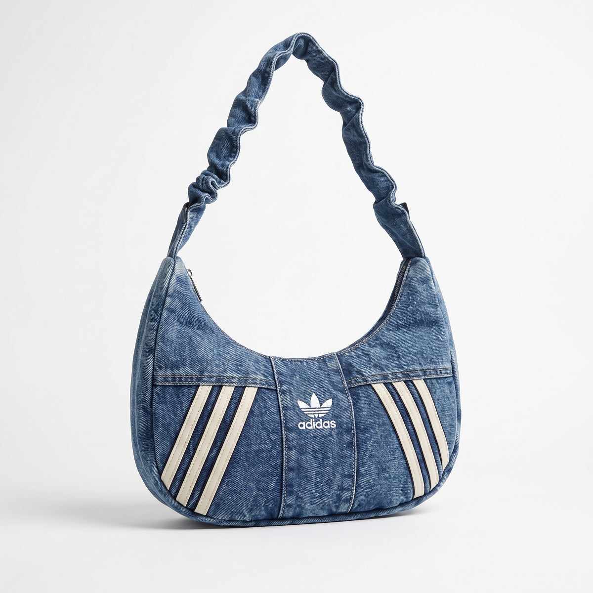 Adidas denim hobo shoulder bag with trefoil logo and cream three stripes
