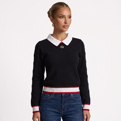 Black Gucci sweater with white Peter Pan collar, gold double G button and red/white ribbed hem