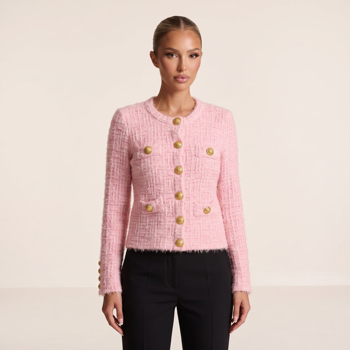 Balmain pink tweed bouclé cardigan with gold buttons