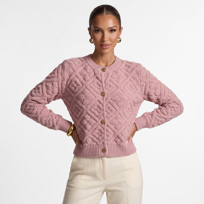 Louis Vuitton pink textured bouclé cardigan with gold buttons