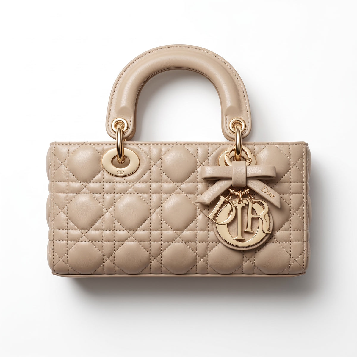 beige quilted Lady Dior handbag with top handles and gold charms