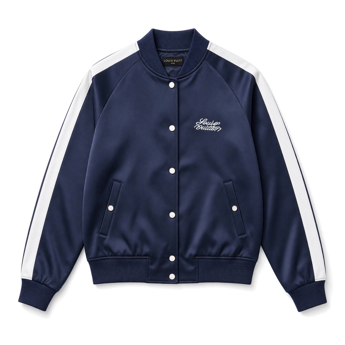 Louis Vuitton navy bomber jacket with embroidered back and white contrast panels