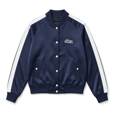 Louis Vuitton navy bomber jacket with embroidered back and white contrast panels