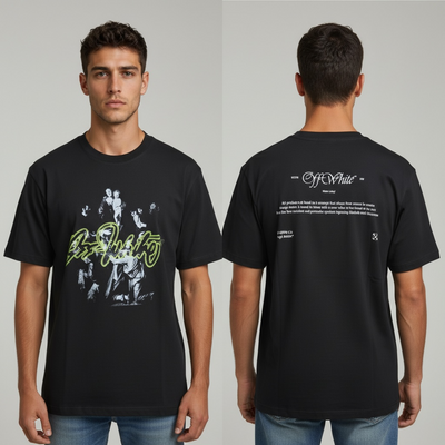 Off-White black crewneck T-shirt with neon script front graphic and back text panel