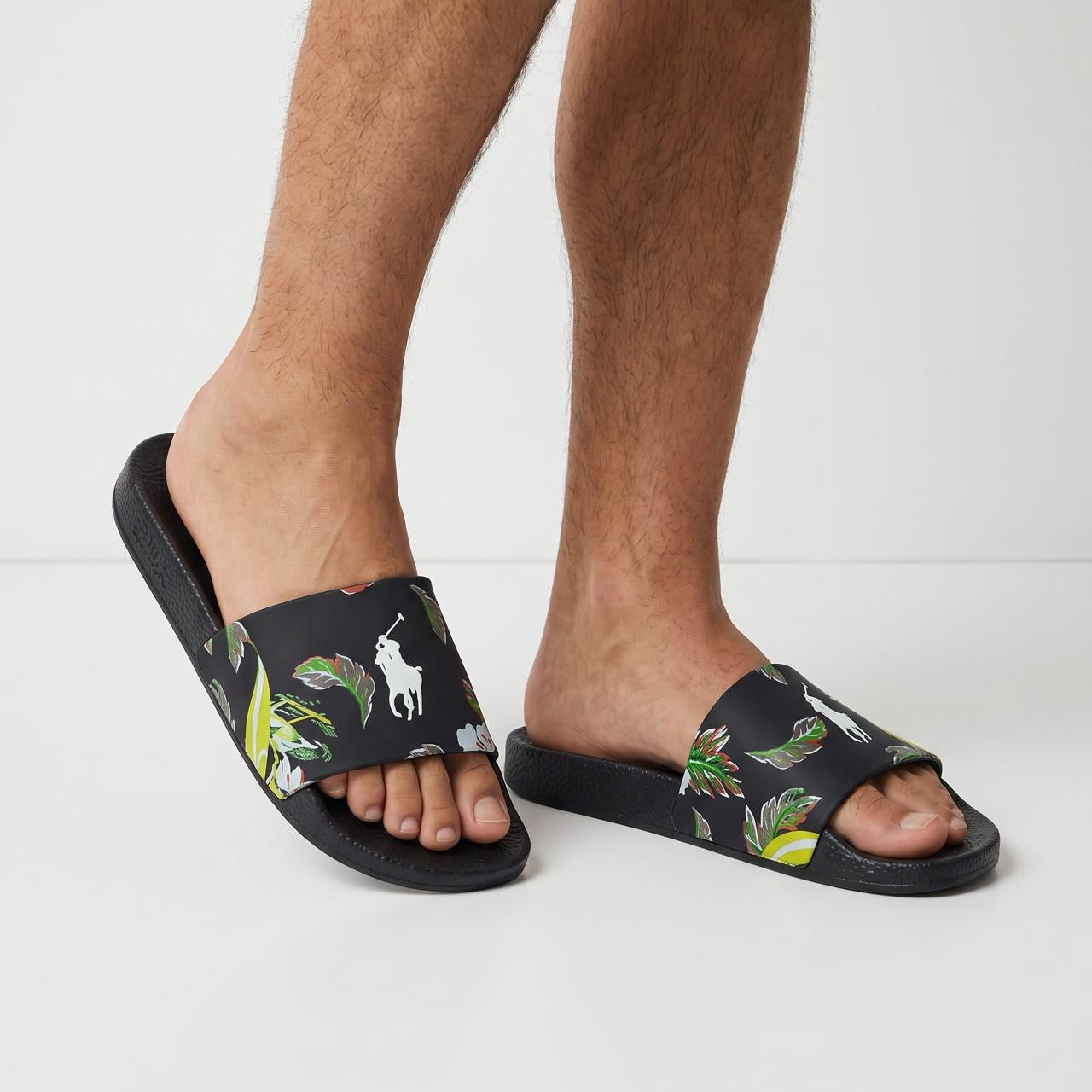 Polo Ralph Lauren black slides with tropical print and white Pony logo