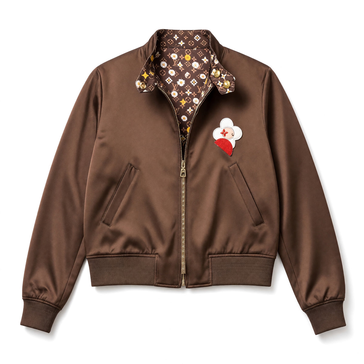 brown reversible bomber jacket with monogram floral print and gold zipper
