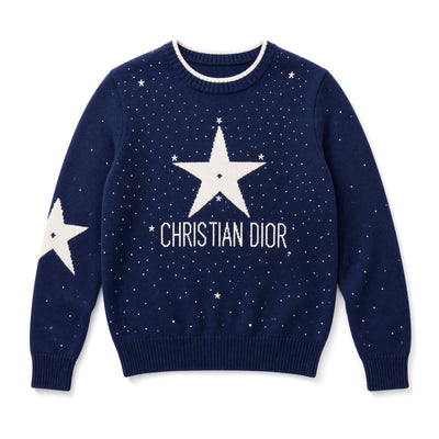 Navy Christian Dior crewneck sweater with white star motif and logo