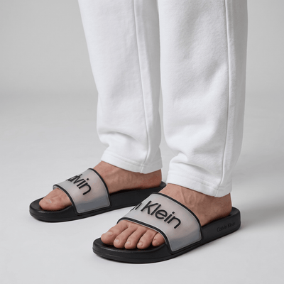Calvin Klein Black Transparent Logo Slides – Modern Minimalist Summer Sandals 🖤👡 - MASTERPIECE