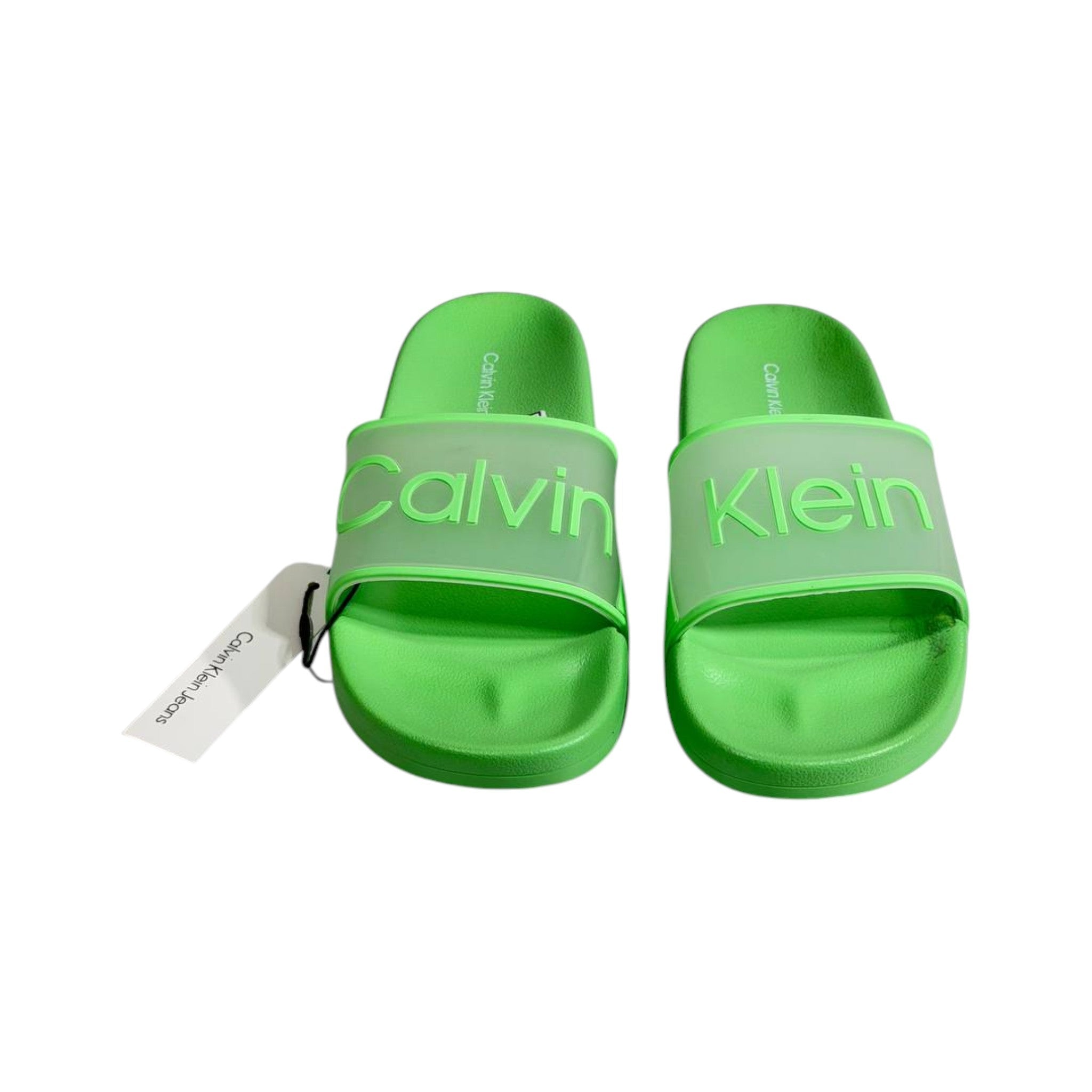 Calvin Klein Green Transparent Logo Slides – Bold Summer Comfort Sandals 💚👡 - MASTERPIECE