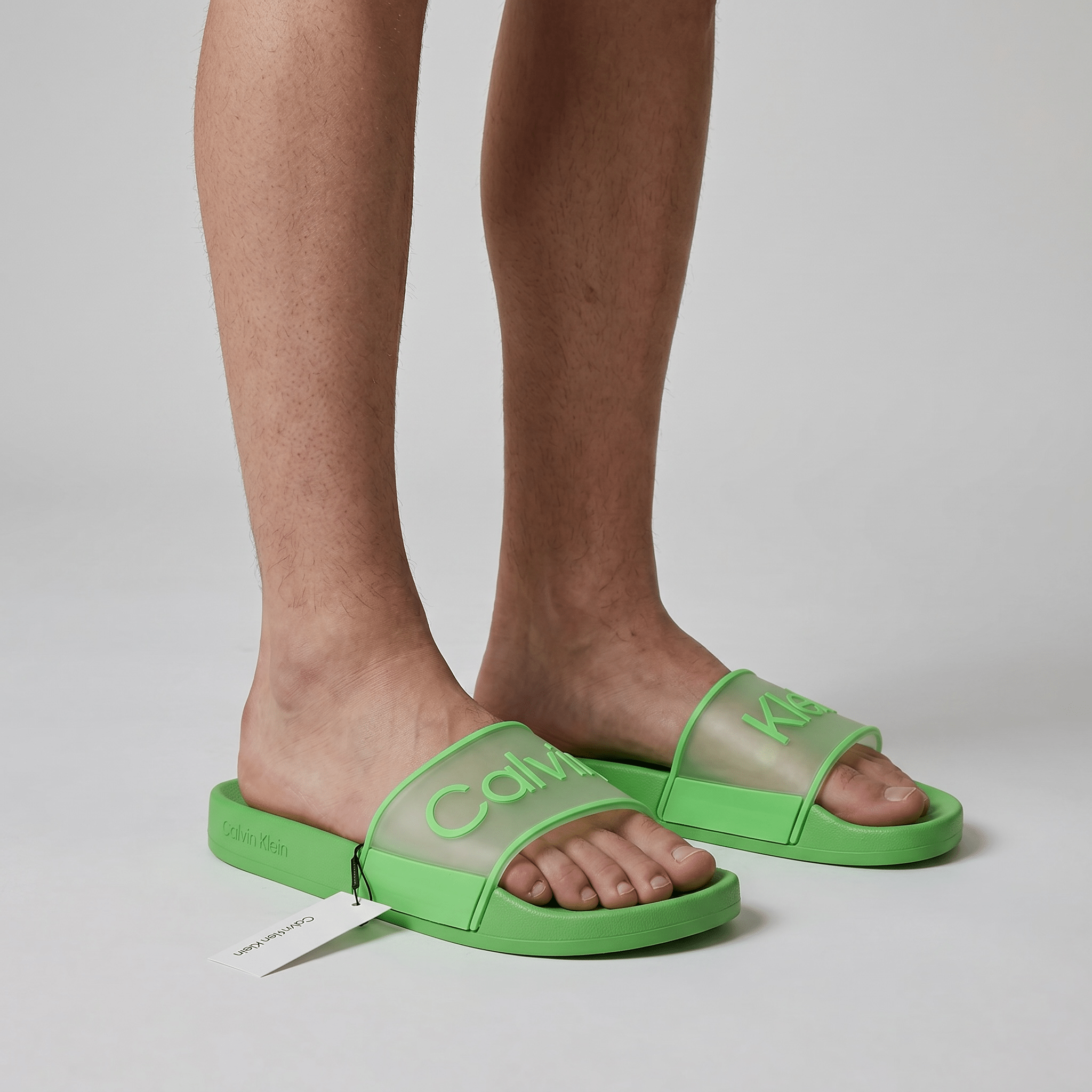 Calvin Klein Green Transparent Logo Slides – Bold Summer Comfort Sandals 💚👡 - MASTERPIECE