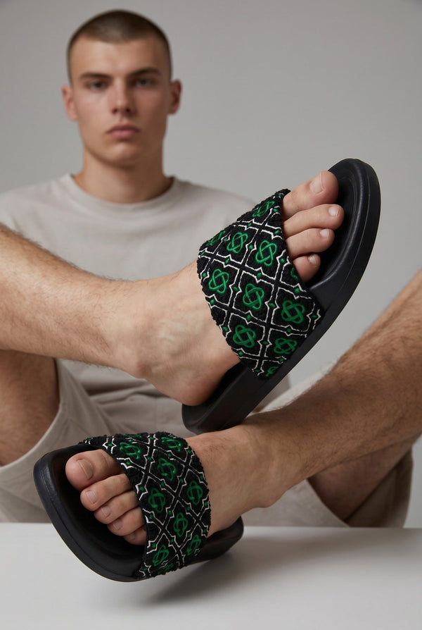 Casablanca Geometric Embroidered Terry Cloth Slides – Black & Green