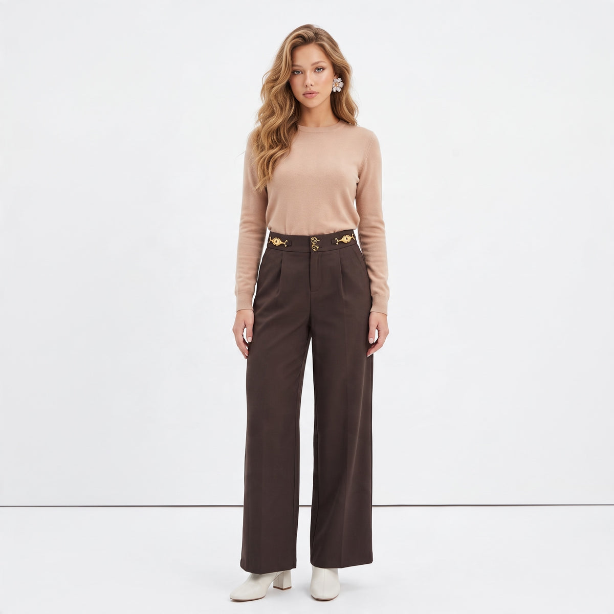 High-waist chocolate brown wide-leg trousers with gold hardware waistband