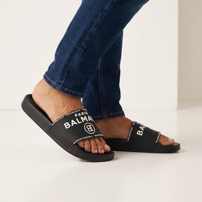 black Balmain logo slide sandals