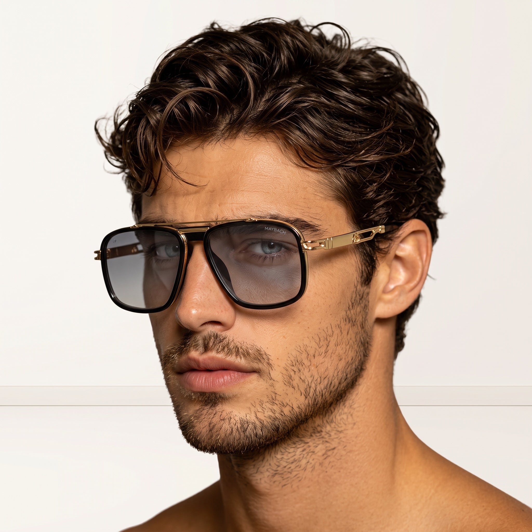 Maybach black and gold pilot sunglasses with gradient lenses on male model