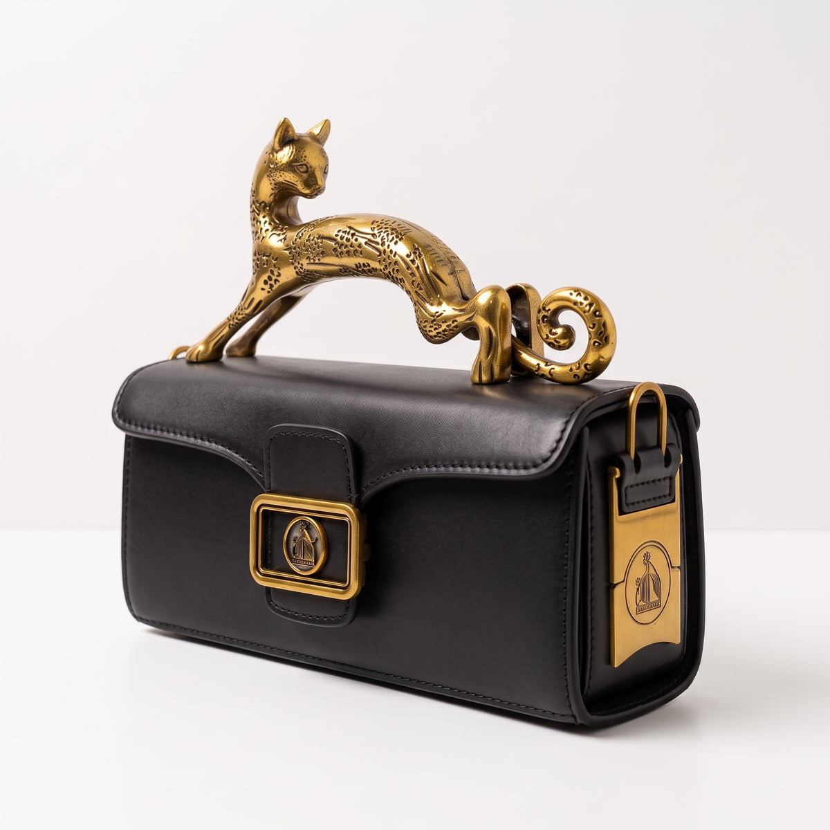 Black mini top-handle bag with sculptural gold cat handle and gold hardware