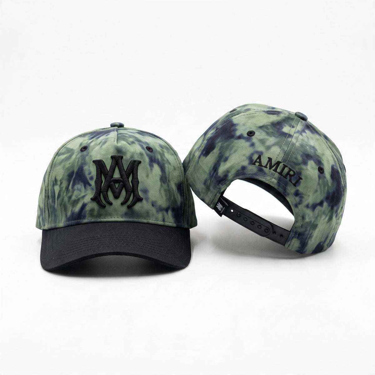 Green tie-dye Amiri baseball cap with black embroidered logo and black brim
