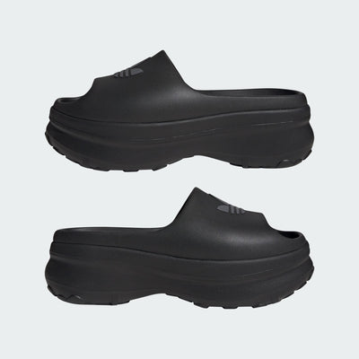black adidas platform slide sandal with embossed trefoil